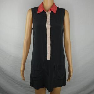 Equipment Button Front Striped Collar Pocket Mini Dress Silk Black Red Cream Sm